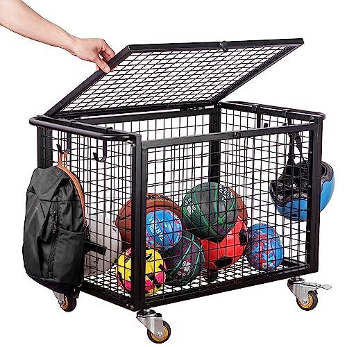 MyGift Black Metal Rolling Sports Ball Storage Cart for Playground, Dodge Ball, Basketball, Soccer Ball Gym Basket Equipment Cart with Lockable Latch, Caster Wheels and 4 Hooks