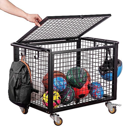 MyGift Black Metal Rolling Sports Ball Storage Cart for Playground, Dodge Ball, Basketball, Soccer Ball Gym Basket Equipment Cart with Lockable Latch, Caster Wheels and 4 Hooks
