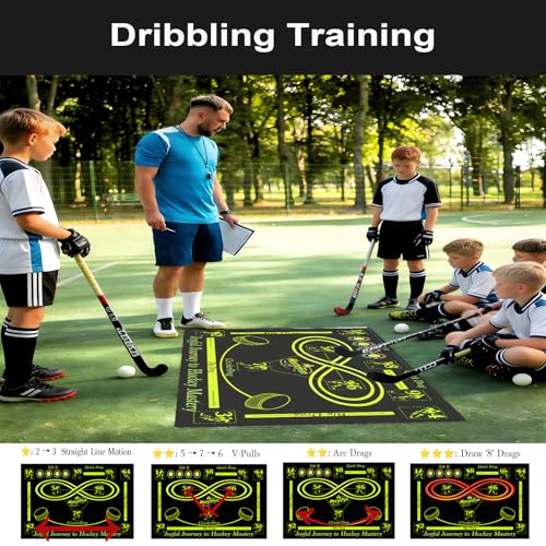 Hockey Training Equipment, Non-Slip Dribbling Training Mat, Indoor/Outdoor Field Trainer, Practice Aids to Improve Speed, Ball Control and Coordination, Includes Resistance Bands and Cones - size: 35"*59"