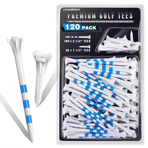 CHAHMPKEY Premium 3-Prong Plastic Golf Tees 3-1/4" 120 or 100 Pack- 40% Reduced Ball Contact with High Stability and Long Distance Performance Golf Tees Plastic - color: 120 Assorted Pack, size: 3-1/4"
