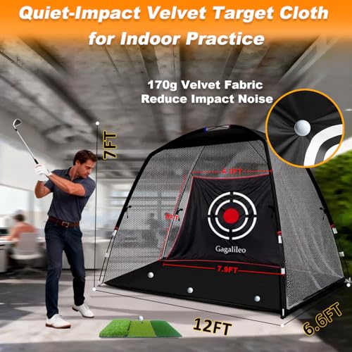 Gagalileo Golf Hitting Net Backyard Driving: 12x7FT Professional Backstop with Silent Velvet Target Portable Practice for Men Dad Complete Sport Set Gift - color: Black Stable Pool