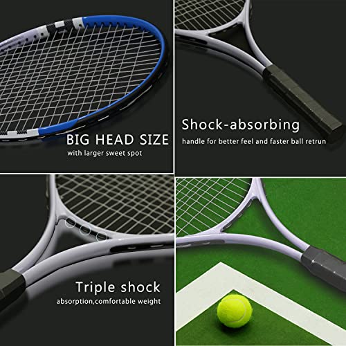 Tennis Racket Pre-Strung Lightweight 27 Inch Racquet Recreational Adult Rackets for Men Women Students Training Tennis Starter Kit with Balls,Carry Bag and Overgrips - color: Blue/White - 2 Rackets