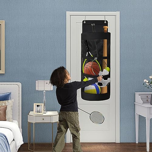 Door Sports Equipment Storage Organizer Bag Premium Durable Hanging Ball Toy Organizer for Soccer Basketball Football Volleyball Tennis Gear Enthusiasts Nylon Mesh Oxford Cloth