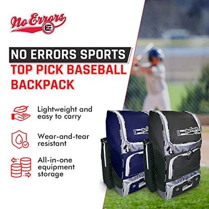 No Errors Top Pick Baseball Backpack for Kids - Heavy Duty Youth Baseball and Softball Bag with Fence Hooks - Dual Glove and Bat Compartments - color: Black