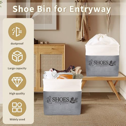 Shoe Basket Organizer, Large Capacity Fabric Entryway Shoe Storage Bin with Handle, Flodable Space-Saving Shoe Basket for Entryway, Hallway, Entryway and Mudroom - color: Gray, style: Leather Buckle