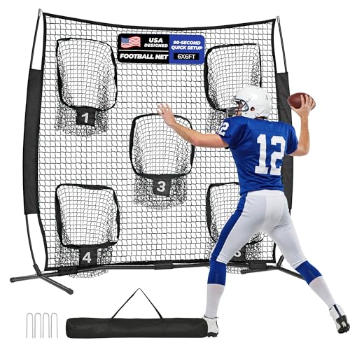 7x7ft/8x8ft Football Throwing Net, Quarterback Training Equipment with 5 Target Pockets, Includes Football, Portable Carry Bag