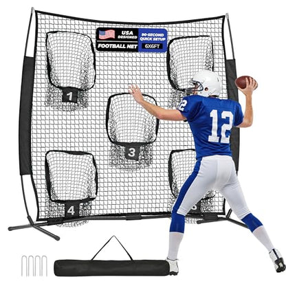 7x7ft/8x8ft Football Throwing Net, Quarterback Training Equipment with 5 Target Pockets, Includes Football, Portable Carry Bag
