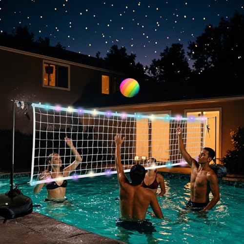 Pool Volleyball Net Set with LED Lights,Volleyball Net with Weighted Bases and Adjustable 15ft-42ft Length for Inground Pools,Portable Water Volleyball Game with 2 Balls & Pump for Pool Entertainment