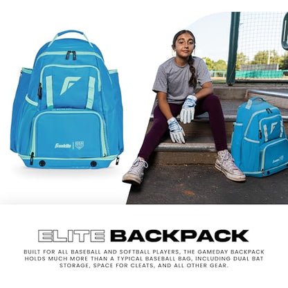 Franklin Sports USA SB Gameday Fastpitch-Softball Backpack – Adult +Youth Softball + Baseball Equipment + Bat Bag – Stores Batting Gloves, Helmet, Cleats - Waterproof Premium Batpack - color: Blue/Mint