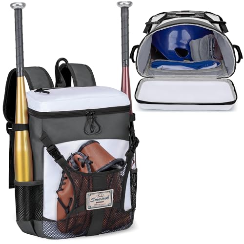 Smasrob Youth Baseball Bag for T Ball, Rec and Travel Ball, Softball Bag with Helmet Holder and Fence Hook - color: Gray
