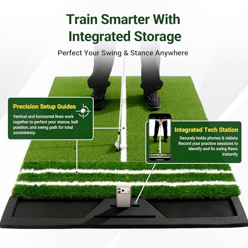 Large Golf Hitting Mat 6x4ft Indoor Outdoor Backyard, Golf Practice Mat with Phone Slot & Ball Tray, Heavy Duty Artificial Turf Driving Range Golf Simulator Mat with Alignment Line - color: 6x4FT;31mm