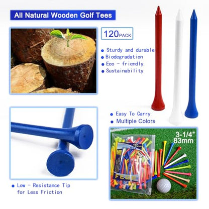Golf Tees Professional Durable Natrual Wooden Golf Tees 3-1/4"&1-1/2" -Pack of 120 Bulk, Multiple Colors Mix of Colours,Biodegradable Wood Golf Tees (3-1/4" -120 Pack)