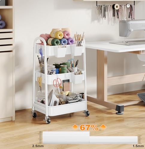 3 Tier Rolling Cart Metal with Wheels, Heavy Duty White Three Tiered Craft Cart Organizer on Wheels, Utility Roller Storage Carts for Art, Baby Nursery, Diaper Caddy, Snack,Book,Nail,Cleaning Supplies - color: Pure White