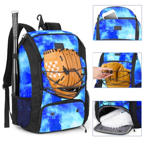 MATEIN Baseball Backpack, Softball Bat Bag with Shoes Compartment for Youth, Boys and Adult, Lightweight Baseball Bag with Fence Hook Hold TBall Bat, Batting Mitten, Helmet, Caps, Teeball Gear - color: Galaxy Blue, size: 47L