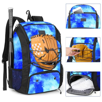 MATEIN Baseball Backpack, Softball Bat Bag with Shoes Compartment for Youth, Boys and Adult, Lightweight Baseball Bag with Fence Hook Hold TBall Bat, Batting Mitten, Helmet, Caps, Teeball Gear - color: Galaxy Blue, size: 47L