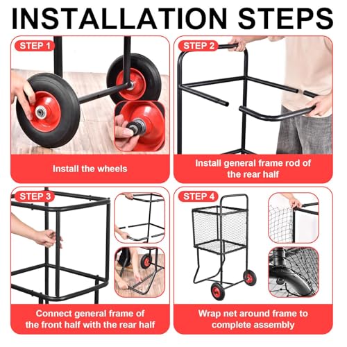 Rolling Baseball Cart with Large Wheels | Heavy Duty Steel Sports Ball Holder | Holds Up to 300 Baseballs Or 150 Softballs | Powder Coated Frame | 22x24x45 Inches Ball Storage for Training Gym School