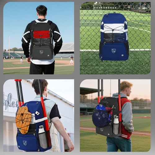 TPAID Baseball Backpack Large Capacity Softball Bag with Shoes Compartment and Fence Hook, Lightweight Baseball Equipment Bag Holds Bats, Helmets, Gloves, Hats, Clothes, Shoes - color: Blue-B, size: 2 Bat Baseball