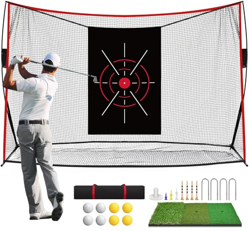 10x7ft Golf Net: Golf Hitting Practice Nets for Backyard Driving Real Balls, Heavy Duty Golfer Training Net with Mat for Outdoor/Indoor/Garage/Basement Hitting Swing Chipping, Golfer Gift for Men Dad