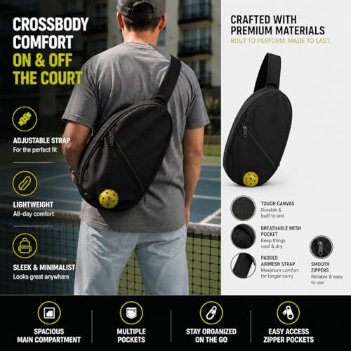 Kryn Minimalist Pickleball Sling - Sleek Crossbody Paddle Bag & Equipment Carrier - Lightweight Pro Series Satchel for Quick Court Access & Essential Gear - Men & Women (Black)