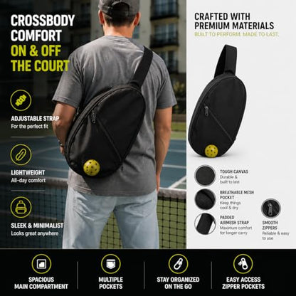 Kryn Minimalist Pickleball Sling - Sleek Crossbody Paddle Bag & Equipment Carrier - Lightweight Pro Series Satchel for Quick Court Access & Essential Gear - Men & Women (Black)