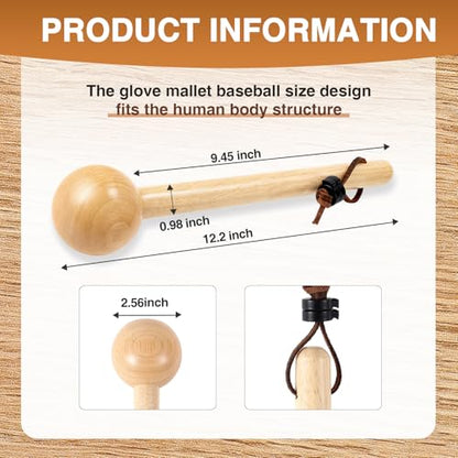 Hollowfly Baseball & Softball Glove Mallet-12 Inch Wooden Hammer with Leather Rope, Durable Glove Pocket Break-in Tool