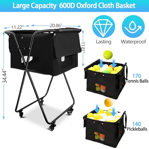 Foldable Tennis Ball Hopper, Holds 170 Balls, Large Capacity Tennis Ball Hopper with Wheels for Baseball Softball Pickleball Training