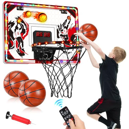 Indoor Basketball Hoop for Kids & Adults, Over The Door Mini Basketball Hoop with Remote Control Scoreboard, 6 LED Light Modes, Foldable Rim Sports Toys for Ages 8-13 Teen Boys Birthday Gifts