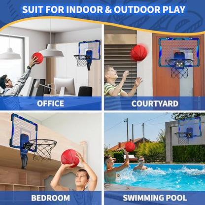 HYES Basketball Hoop Indoor, Mini Basket Ball Hoop with 7 LED Lighting, Scoreboard, Over Door Basketball Hoop with 3 Modes, Volume Adjustable, Foldable, Basketball Toys Gifts for Kids Adults - size: blue- with remote controller