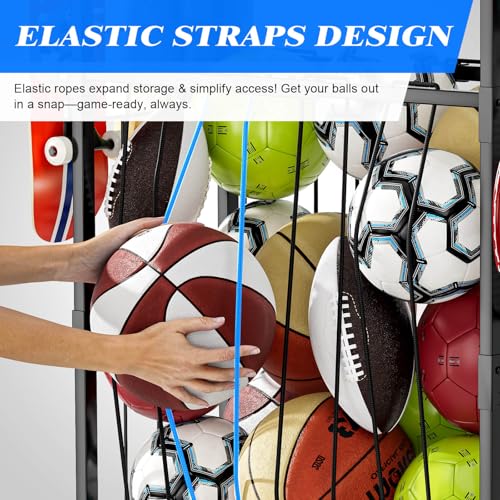 Garage Ball Storage Rack - Sports Equipment Organizer with Wheels, Rolling Sports Ball Cart with Elastic Rope, Outdoor Ball Holder for Basketball Soccer Volleyball Football, Garage Toy Storage
