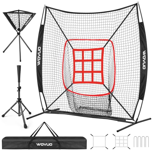 7x7 ft Baseball Net for Batting Pitching Hitting, Softball Pitching Net with Strike Zone, Tee, Ball Caddy, Softball Batting Net Baseball Training Equipment for Kids Adult Youth Sport Practice - color: Black