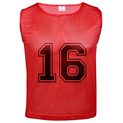 Athllete 12 pcs Duramesh Pinnies/Scrimmage Vest - Kids Youth and Adult Pinnies, Numbered Penny Jerseys for Soccer - color: Red Numbered Front/Back (13-24), size: Large