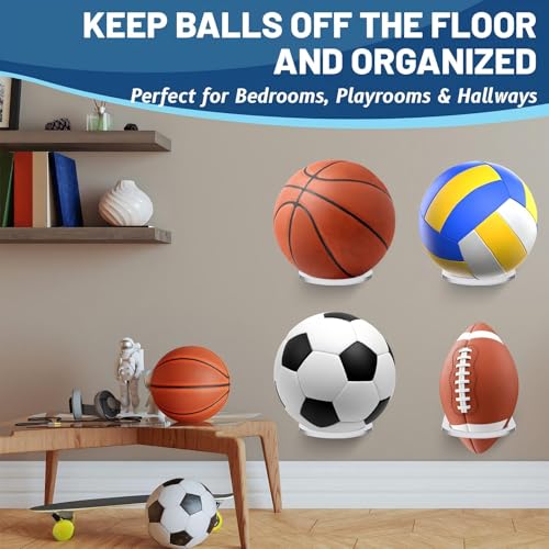 Acrylic Ball Holder Wall Mount Clear Basketball Football Display Rack Heavy-Duty 0.22" Thick Ball Storage Hangers for Soccer Volleyball Rugby Wall Mounted Sport Basketball Organizer