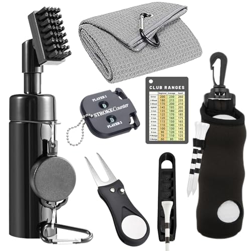 7Pcs Golf Accessories Kit, Include Golf Club Cleaner Towel Ball Bag Divot Tool Score Counter Range Chart Card Tee Elevator