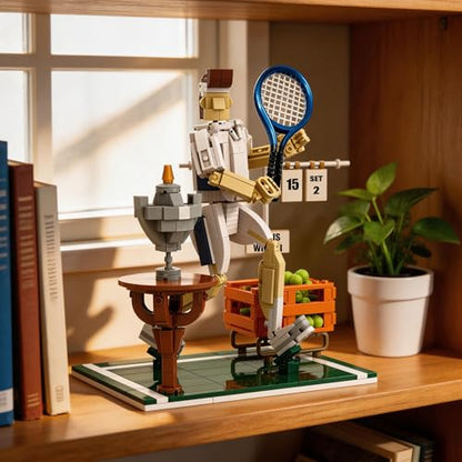 Tennis Champion Building Set for Adults – 482Pcs Kit with Metal Racket, 30 Mini Balls, Trophy & Scoreboard Stickers – Poseable Figure on Grass Court Model, Collectible Sports Diorama