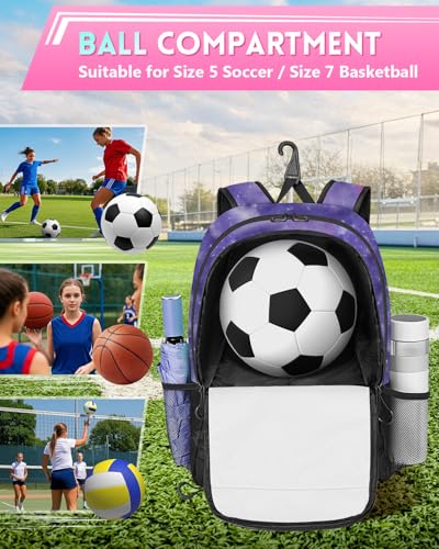 MATEIN Girls Soccer Backpack, Large Basketball Bag with Ball Holder & Shoe Compartment for Tournament & Game Day, Lightweight Youth Sports Bag with Fence Hook Fits 15.6 Inch Laptop, Soccer Team Gifts - color: Galaxy Purple