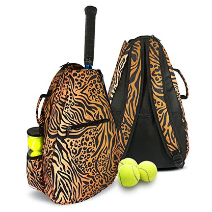 Womens Tennis Backpack - Taboo Fashions Ladies Tennis Bag Holds Two Racquets, Padded Straps and Side Carry Handle - color: Brown, Black, Animal Print