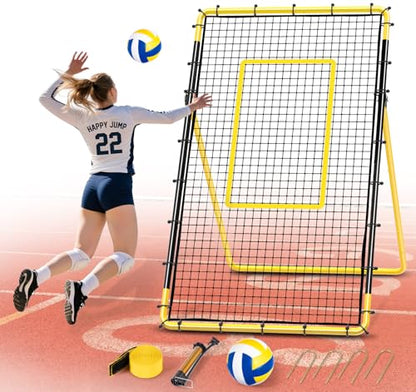 Happy Jump 7x4 FT Portable Volleyball Rebounder Net, 5 Adjustable Angles Bounce Back Trainer, Heavy-Duty Steel Frame & 45-Ply Net, Target Practice Training Equipment, Includes Volleyball