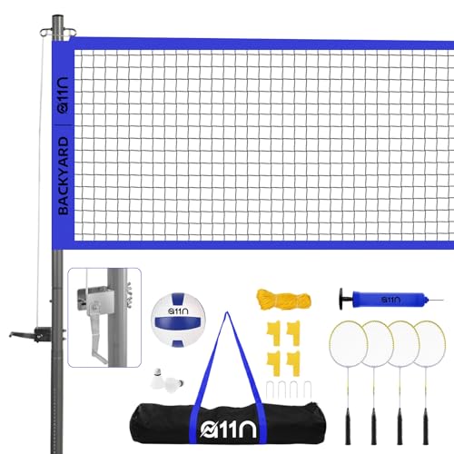 A11N SPORTS Outdoor Volleyball and Badminton Combo Set - Includes Adjustable Height Anti-Sag Net, Volleyball, Air Pump, 4 Badminton Rackets, 2 Shuttlecocks, Boundary Line Marker, and Carrying Bag - color: Blue