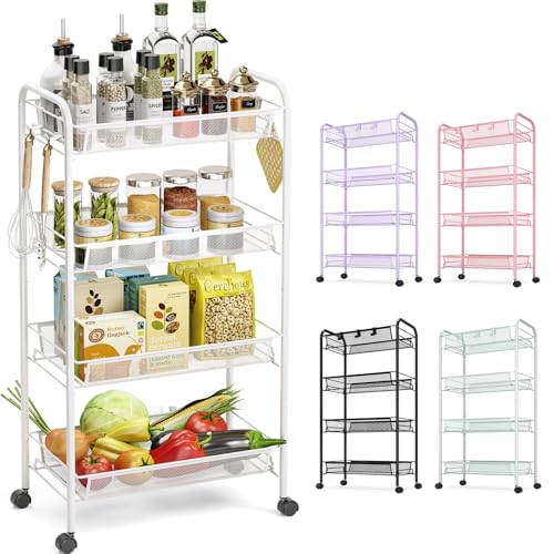 TOOLF 4-Tier Rolling Cart, Metal Utility Cart with 3 Hooks, Easy Assemble Mobile Storage Trolley On Wheels, Metal Shelving Units Kitchen Bathroom Laundry Room - color: White, size: 4-Tier
