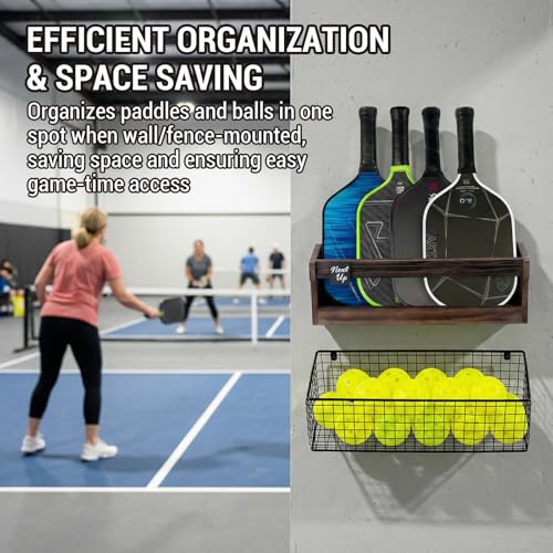 MyGift Solid Dark Brown Wood Pickleball Paddle Holder Rack with Black Metal Ball Storage Basket and Next Up Sliding Marker, Wall Mounted or Fence Hanging Paddle Organizer for Indoor/Outdoor Courts