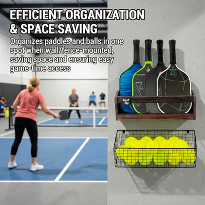 MyGift Solid Dark Brown Wood Pickleball Paddle Holder Rack with Black Metal Ball Storage Basket and Next Up Sliding Marker, Wall Mounted or Fence Hanging Paddle Organizer for Indoor/Outdoor Courts