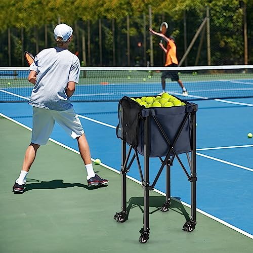 GYMAX Tennis Ball Hopper, Folding 150 Tennis Ball Holder Cart with Carry Bag, Easy Assembly Frame, Removable Bag & 4 Universal Wheels, Portable Durable Tennis Ball Basket for Ball Pickup - color: Navy Blue