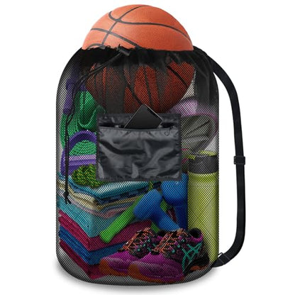 BROTOU Drawstring Bag Heavy Duty Mesh Gym Bag with Pocket for Swimming Yoga Beach Laundry