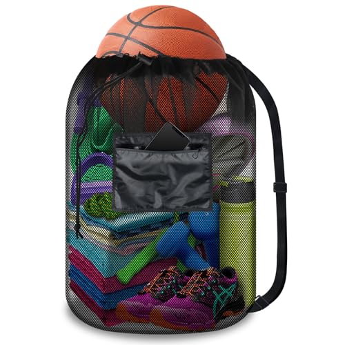 BROTOU Drawstring Bag Heavy Duty Mesh Gym Bag with Pocket for Swimming Yoga Beach Laundry