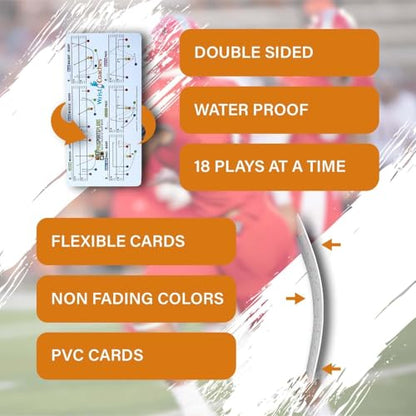 18 Durable PVC Football Play Cards, Reversible 5-on-5 & 6-on-6 Cards for Coaches & Players, Water Resistant and Customizable Play Setup, Compatible with Wristband Playbooks