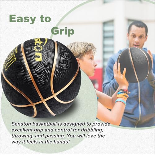 Senston 27.5''/29.5'' Outdoor Basketball Excellent Elasticity/Grip Rubber Basketballs with Pump, Durable Size 5/7 Men Basketball - color: Black/Gold, size: Size 5/27.5''
