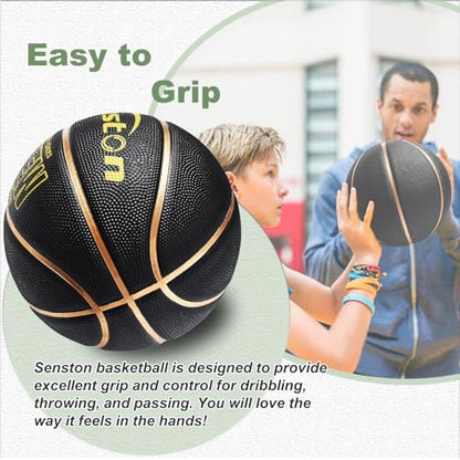 Senston 27.5''/29.5'' Outdoor Basketball Excellent Elasticity/Grip Rubber Basketballs with Pump, Durable Size 5/7 Men Basketball - color: Black/Gold, size: Size 5/27.5''