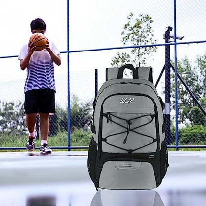 WOLT Basketball Backpack Large Sports Bag with Separate Ball Holder & Shoes Compartment, Best for Basketball, Soccer,Gym - color: LightGrey