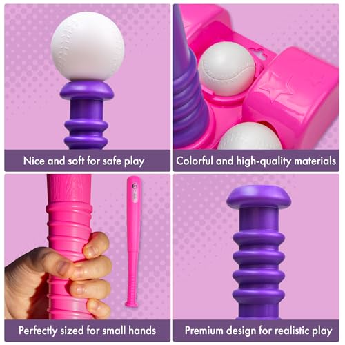TOMLEON T Ball Stand for Girls 3-5, 5-8. Baseball Set Includes 6 Large Balls, an Adjustable Tball Batting Tee, and a Storage Net. Kids Bat and Ball, T-Ball Sets for Kids