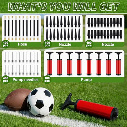 100 Sets Ball Air Pump Bulk for Sports Balls Include Needle Nozzle Extension Hose Hand Inflation Kit for Basketball Soccer Football Volleyball Balloon, Operation Bulk Christmas Child Items Gifts - color: Red